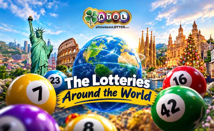 The Lotteries Around the World featuring a globe, iconic landmarks, and colorful lottery balls
